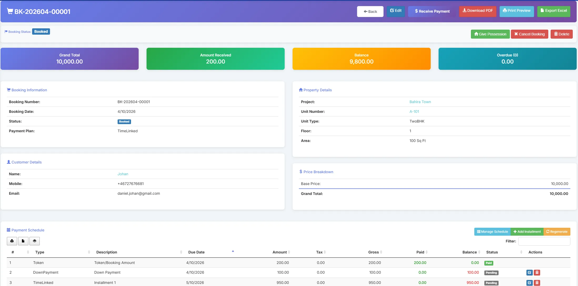 Biznsbook booking management screen showing customer details, unit allocation, and payment plans