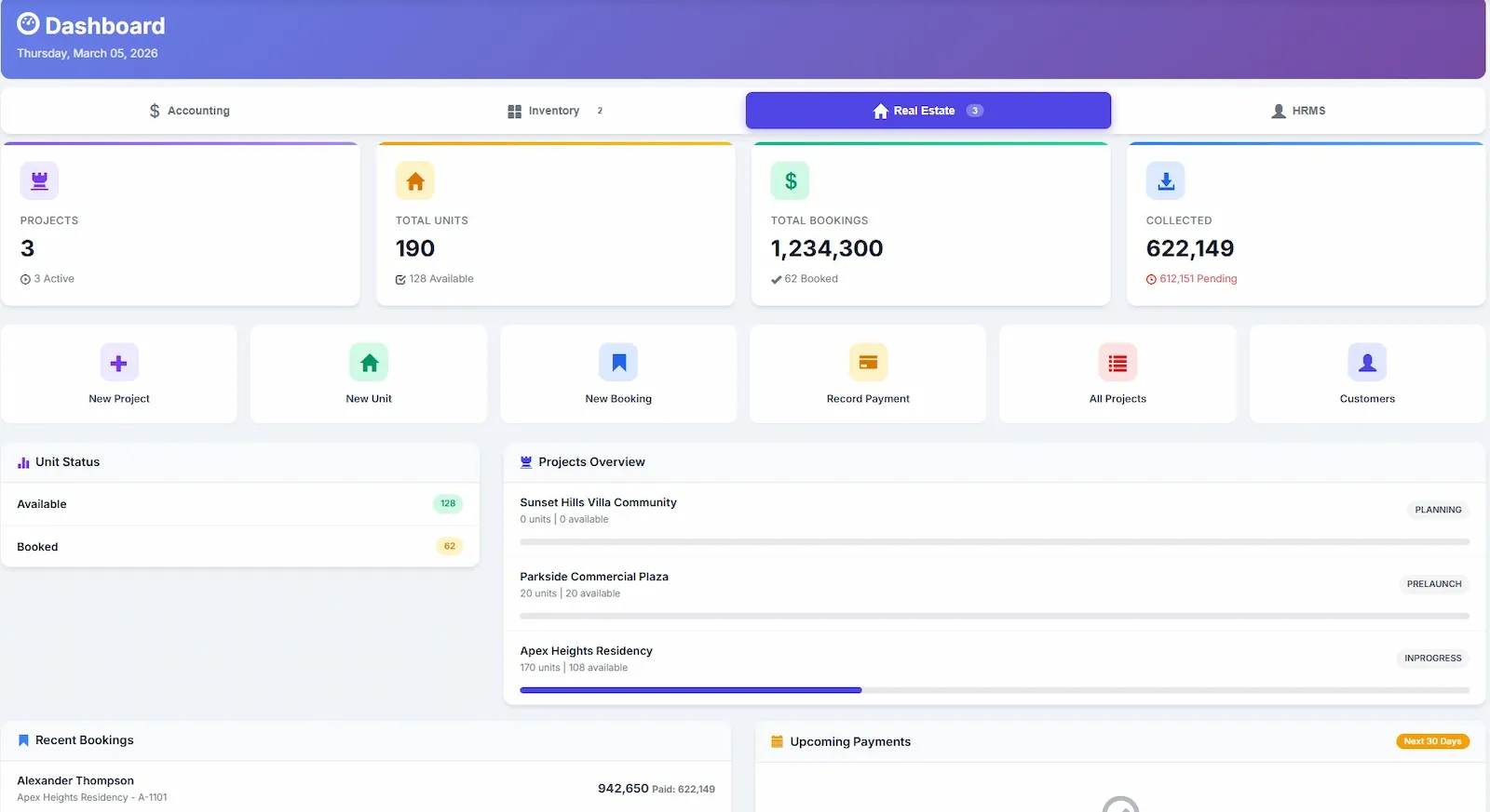Biznsbook real estate dashboard showing project status, unit availability, and collection summary