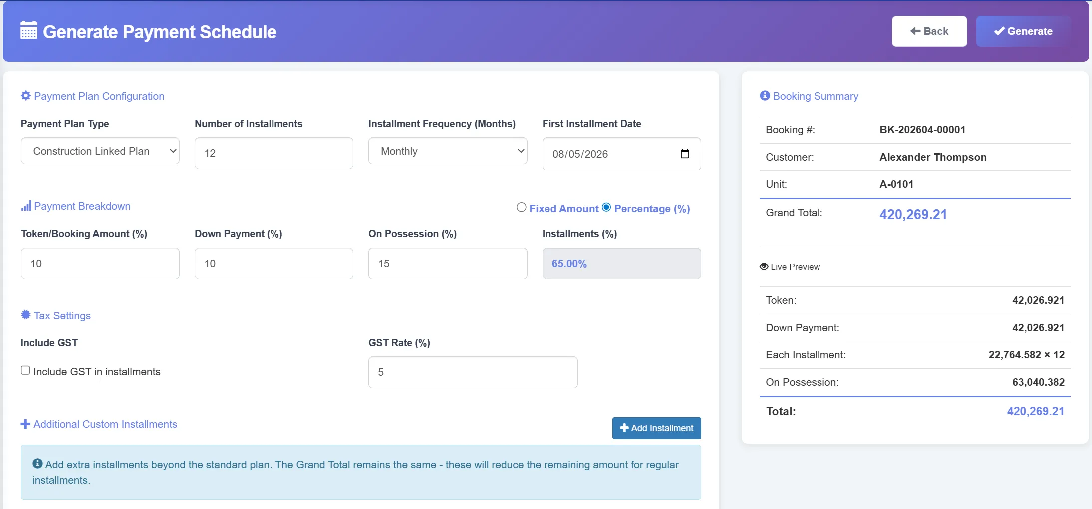 Biznsbook payment schedule generator with installment dates, amounts, and auto-calculation