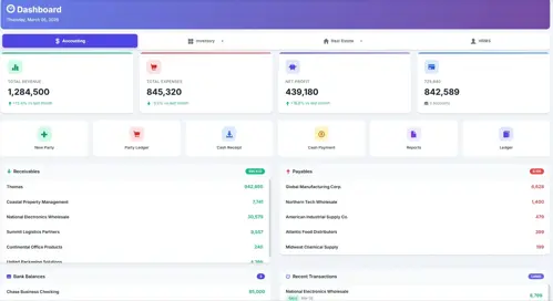 Biznsbook accounting dashboard with revenue, expenses, net profit, and cash balance overview