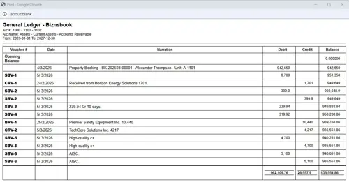 Biznsbook general ledger print-ready view formatted for audit documentation