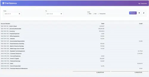 Biznsbook trial balance report showing debit and credit columns across all accounts