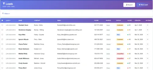 Biznsbook CRM lead management list with scoring, status filters, and contact information