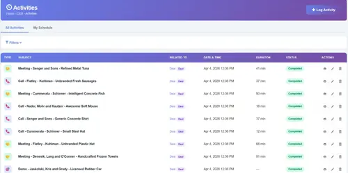 Biznsbook CRM sales activity timeline showing calls, emails, and meetings logged per contact